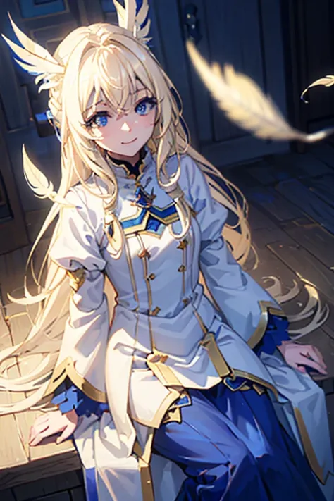 4k quality:1.2,Very beautiful illustration:1.2,Seraph,((6 white feathers)),blonde,Long Hairstyles,((Beautiful cobalt blue eyes:1.2)),null，smile