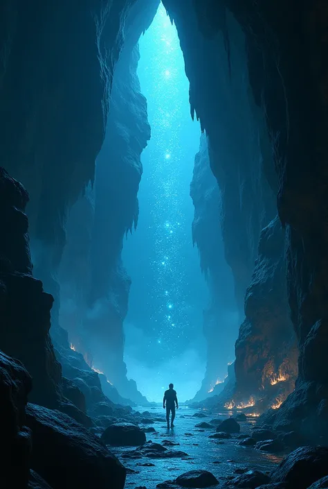 A big beautiful cave with so many glowing bugs on the rocks and cave walls, creating a stunning nightscape in 4K resolution A PERSON TRYING TO GET OUT OF A HOLE IN THE CAVE CEILING