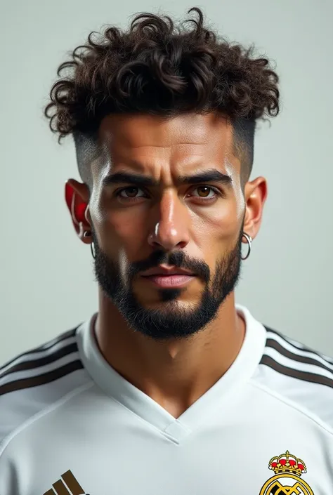 Real Madrid player with brown eyes medium beard , dark curly american cut hair, with earring in ear