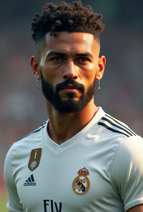 Real Madrid player with brown eyes medium beard , dark curly american cut hair, with earring in ear, Rounder face 