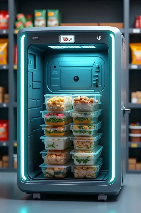 Teleporting machine having packed food inside a food delivery bag ready to reach its destination. Keep some junk foods in the background placed in shelves.