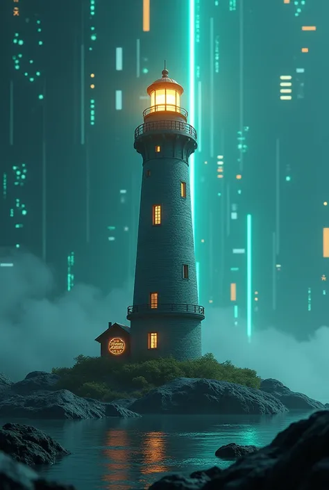 Lighthouse with a digital background and the logo of the Corporation Organization El Minuto de Dios  