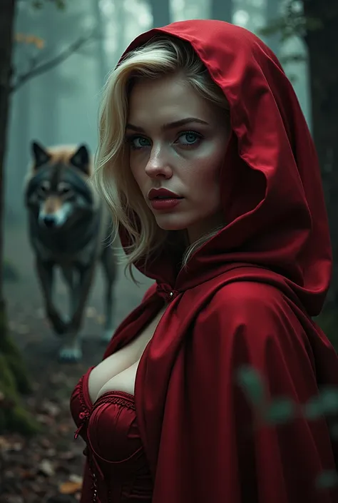 A photo of a realistic and enticing busty Red Riding Hood with piercing blue eyes and blonde hair. She is wearing a red silk riding hood and a silk lace-up corset. Her eyes are wide open and her mouth is slightly open in fear. The background is a forest wi...