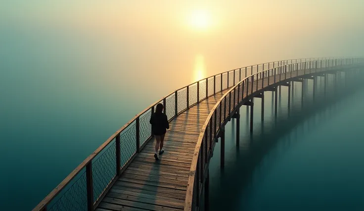 Realistic image of a curved wooden bridge, with a top-down view of the horizon line, Camera following a person&#39;s steps, with a light coming from the horizon from right to left, smooth light, Cinematic photo, photo taken from a Canon 5D Mark II,   