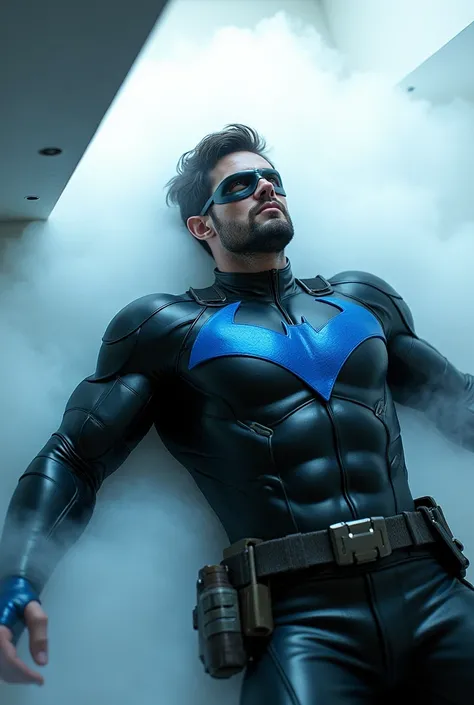 ele esta caido no chao**Nightwing, 30 years old, with a handsome face, stubble, and a muscular build, wearing the black and blue leather uniform with a black eye mask. His uniform includes combat sticks, pouches for equipment, and gadgets on his belt. He i...