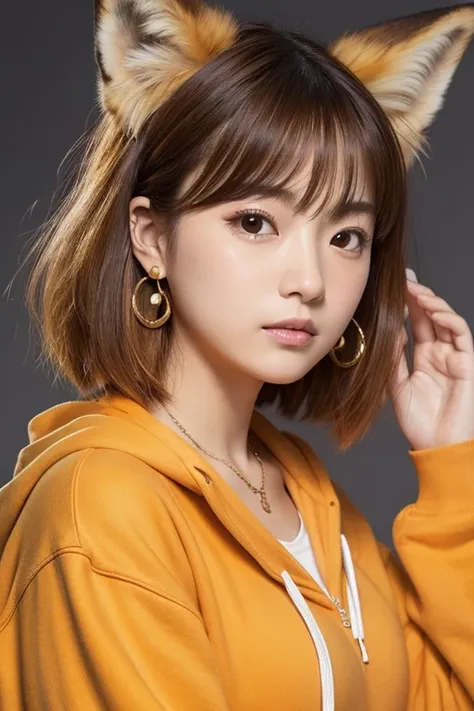 (masterpiece, photo realistic:1.2), (Super detailed), (full body), 14才, young japanese girl, puffy face, (broad jawline:1.2), shiny skin, detailed skin, ((no makeup)), (big fox ear:1.2), light orange hair, (messy hair), short Bob Cut, しかめっ面, light orange h...