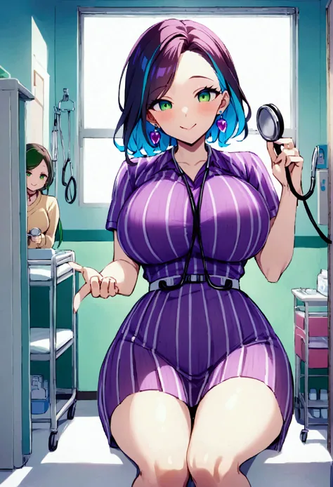 score_9、score_8_up、score_7_up、score_6_up、source_anime BREAK 1 girl、Mature Woman Miriam、Green Eyes、Colorful Hair、Earrings、White、Stethoscope、sweater、Purple Skirt、Striped skirt、Large Breasts、happiness、I&#39;m watching you、Nurse&#39;s room、Medical Room