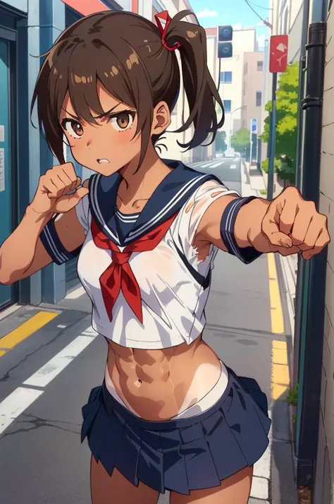 masterpiece, best quality, ultra detailed, ultra high resolution, very detailed face, (((solo))), ((anime)), (((junior high school girl))), (tanned skin:1.3), ((ripped school uniform, croptop)), ((brown short hair, side ponytail)), (small breast), (six pac...