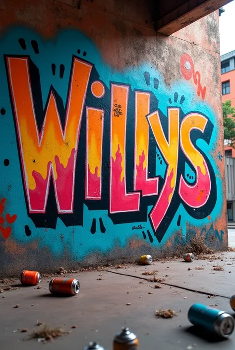 Graffiti with the name WILLYS, in a scenario with a breakdancer making a windmill on the floor remove the dancer, spread spray cans on the floor 