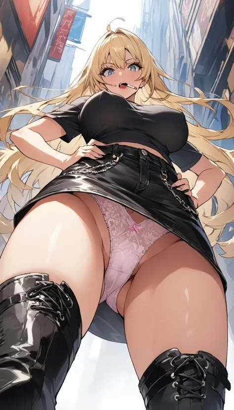 Ultra-high definition image quality、beautiful girl、Yankee Girl、Blonde、eye shadow、mascara、Disheveled long hair、Gal、Busy Street、Off-the-shoulder T-shirt、Tight denim skirt、Highest quality, Big Ass、Thighs、Big Breasts、High cut boots、Glare、Please put your hands ...