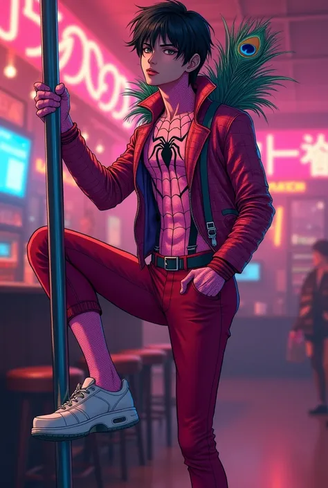 A teenager and he is male, he is wearing a very sensual Spider-Man costume and it is pink. He has suspenders, a crocodile leather jacket, peacock feathers on the back, red tight pants and white shoes. He is pole dancing in a homosexual bar. The image has t...