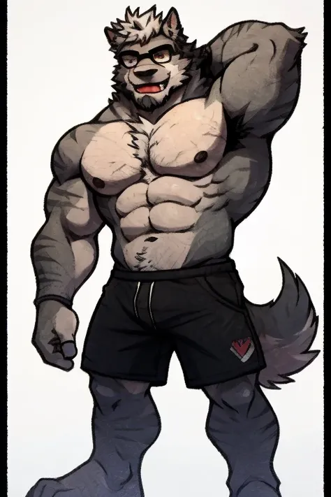 A Very Muscular Furry Gray Wolf. He is Topless with a red and gray shorts. His both hand is Together behind his head. The background is solid Gray. He have a little messy and little spikey hair. He is looking at the viewer. His eye are red. He wears a blac...