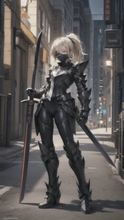 beautiful blonde with short ponytail，big ，black tights，pitch black sci-fi armor，black gauntlets，thin legs，jet black iron boots，s...