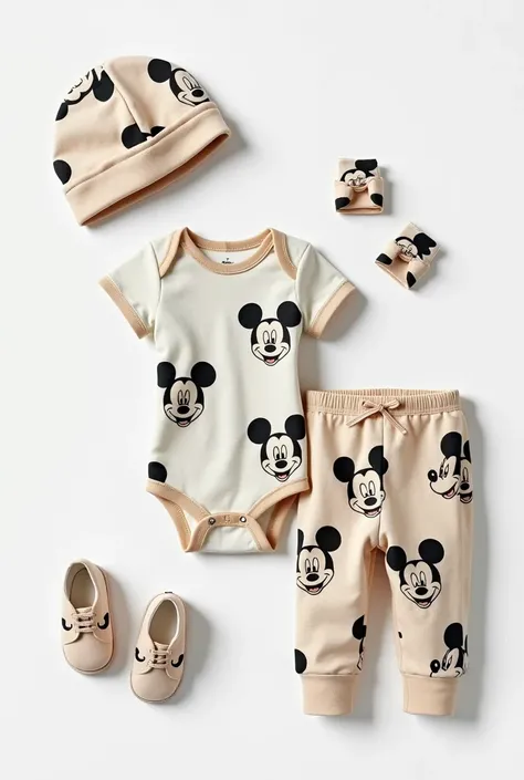 Various baby clothing sets made of fabric with Mickey Mouse design