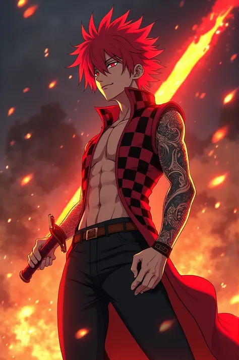 Tanjiro Kamado, from the anime Demon Slayer, standing in a dynamic pose after a final confrontation with Muzan. His bright red hair glows intensely, and his eyes shine with a fiery red light. Intricate tattoos cover parts of his body. He is holding a flami...