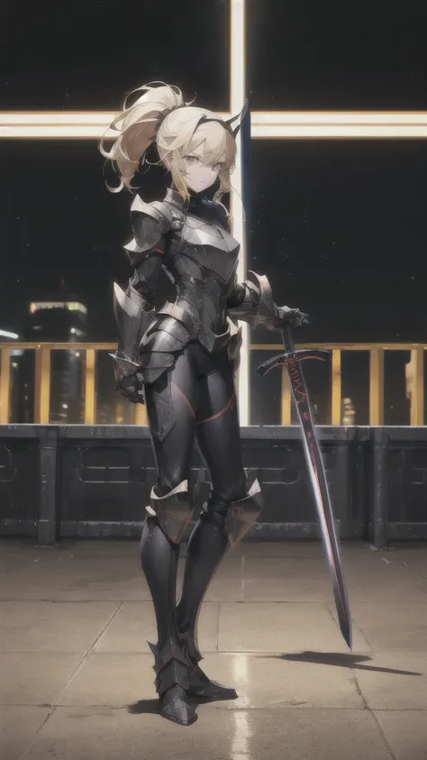 beautiful blonde with short ponytail，helmet，big ，black tights，pitch black sci-fi armor，black gauntlets，thin legs，jet black iron ...