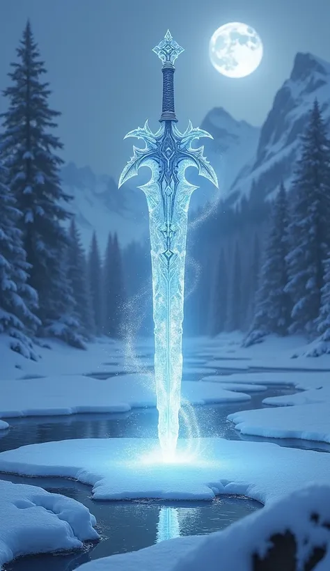 a crystal-clear ice sword with an intricately frost-etched blade, wrapped in a frosty, silver-blue hilt, and guarded by a delicate snowflake-shaped protector. Set against a moonlit snowy forest, Frostbite rests on a frozen lake, surrounded by cracks and fi...