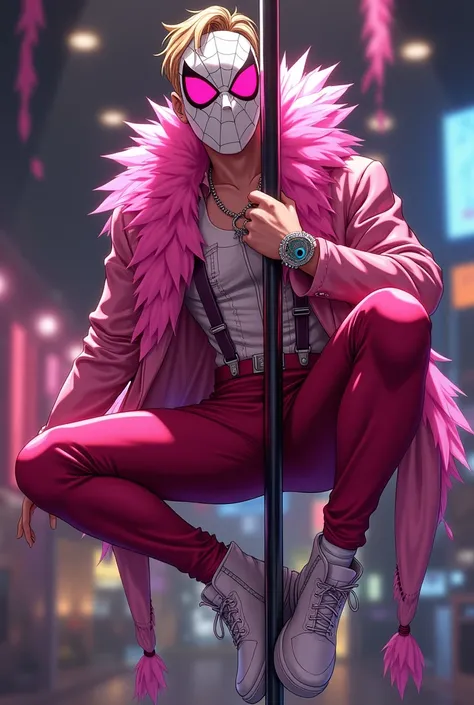 A teenager and he is male, he is wearing a very sensual Spider-Man costume in pink, he is wearing the Spider-Man mask in white with pink heart-shaped eyes and around his neck a bright pink feather boa, he has suspenders on the costume, a crocodile leather ...