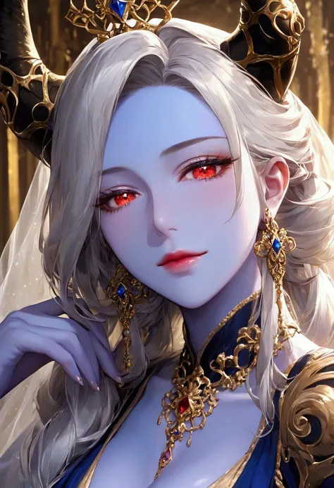 score_9, score_8_wonderful, score_7_wonderful,非常にbeautiful女性の顔,,Dark fantasy,demon queen,(Blue Skin),Blue Lips,Mature Woman,anime,Unreal beauty,Captivating eyes,beautiful化粧,One point tattoo red eyes,Devil horns,Delicate decoration,Gorgeous decoration,tooth...