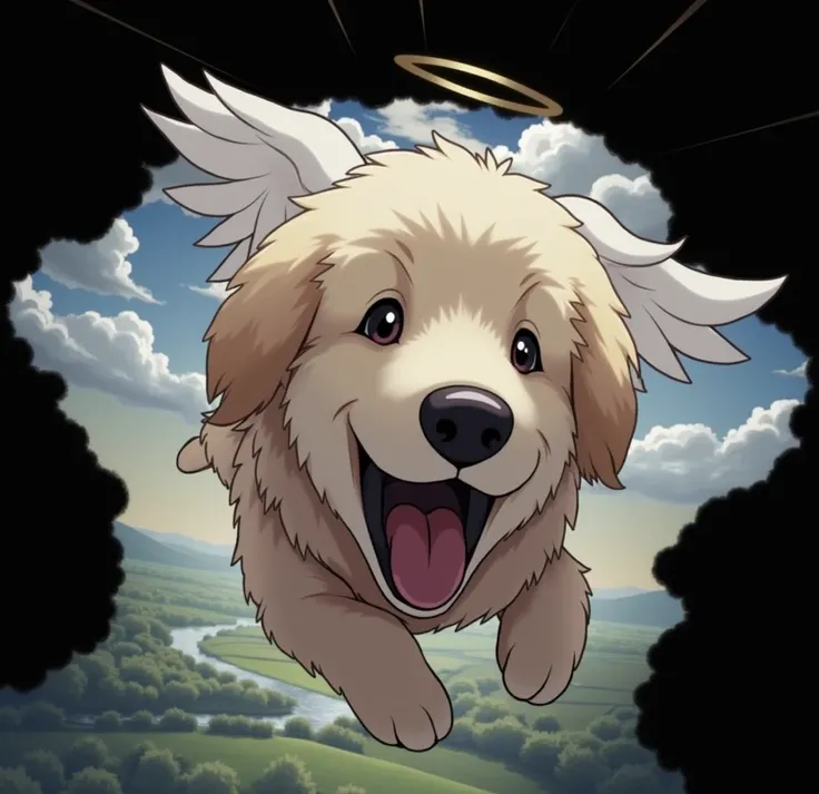 

A fluffy, golden retriever dog with angelic, white feathered wings, soaring gracefully through a bright blue sky filled with soft, fluffy clouds. The dog has a joyful expression, ears flapping slightly in the wind, with the sun shining gently, casting a ...