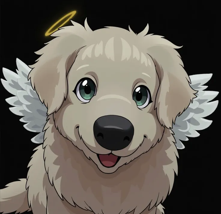 

A fluffy, golden retriever dog with angelic, white feathered wings, soaring gracefully through a bright blue sky filled with soft, fluffy clouds. The dog has a joyful expression, ears flapping slightly in the wind, with the sun shining gently, casting a ...