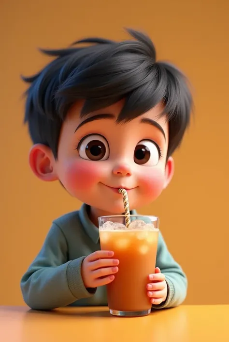 I want an emote in 3d pixar style, of a boy drinking a beverage from a glass with a straw in 500x500 resolution