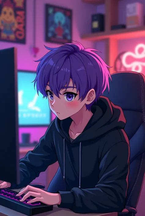 Anime boy (age-18)(haire coler pirpal) (eys coler black) (black hodi) gaming room chiting chare 