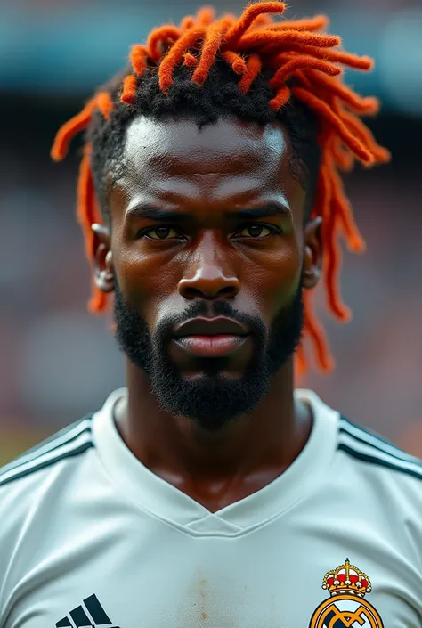 Real Madrid player with brown eyes , black skin color with nudred hair and goatee 