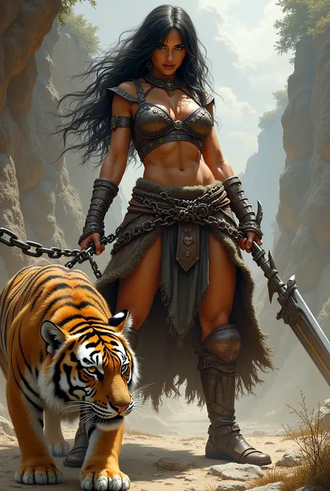 Xena girl, with weapons and armour, fur clothing, tanned skin. woman hold chain neck on tigers neck animal and roar lound