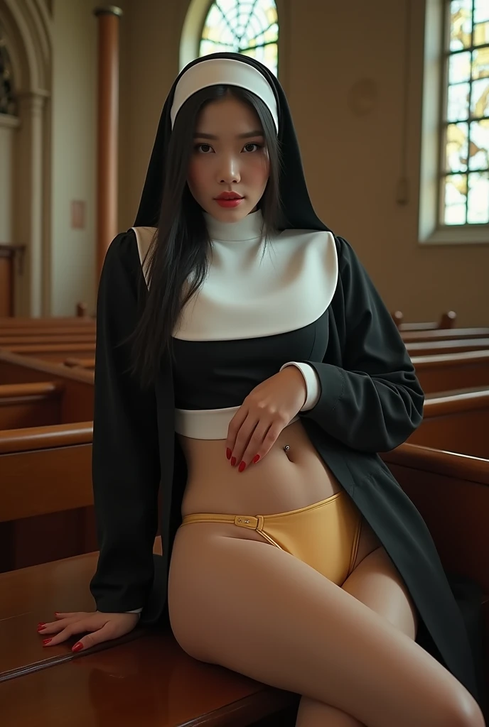 1girl, korean, nun uniform, golden latex thong, big ass, church, looking at camera, hand on butt, bench, rear view, photorealistic, detailed face, detailed body, dramatic lighting, cinematic composition, wide angle, ultra-detailed, (best quality,4k,8k,high...