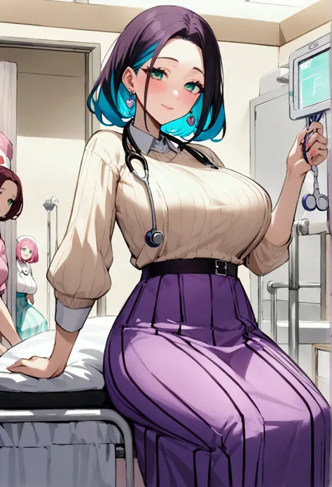 Masterpiece、Highest quality、Super detailed、Pokémon、One girl、Mature Woman Miriam、Green Eyes、Colorful Hair、Earrings、White、Stethoscope、sweater、Purple Skirt、Striped skirt、Large Breasts、happiness、I&#39;m watching you、Nurse&#39;s room、Medical Room