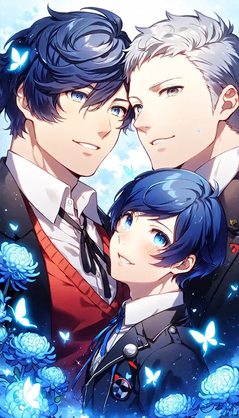 absurdres, highres, ultra detailed, HDR, masterpiece, extremely detailed, detailed eyes, Sanada Akihiko, gray hair, expressive dark gray eyes, Persona 3, Yuki Makoto, dark blue hair, expressive blue eyes, two sexy men together, yaoi, gay couple, in love, h...