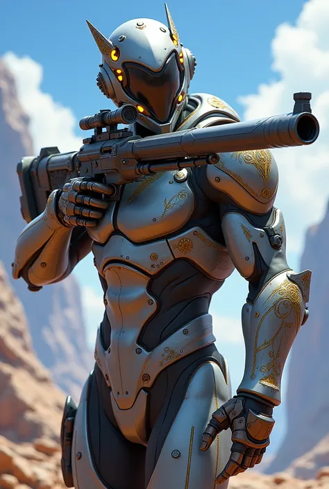 Create a male Overwatch sniper or sniper character dressed in a mythical skin of something technological 
