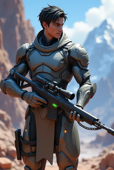 Create a male Overwatch sniper or sniper character dressed in a mythical skin of something technological 
