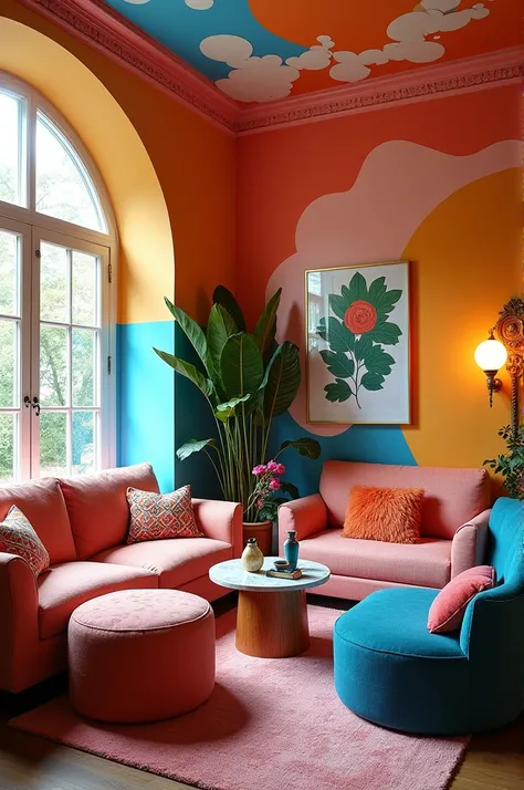 Dame, a photo of an interior house painted with orange, blue white and pink 