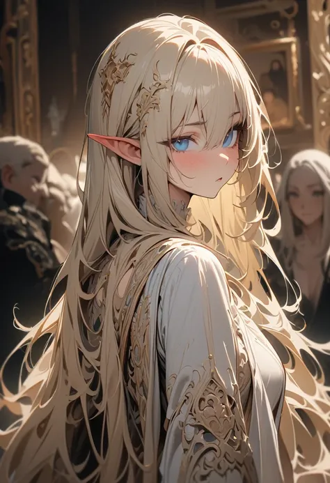 (masterpiece: 1.2, best quality), current, (current Picture, intricate details, depth of field), best quality, masterpiece, Very detailed, Semi current, 1 girl elf, adult, 2, blond, white long hair, The left eye is covered by hair, Blue eyes, king&#39;s cl...