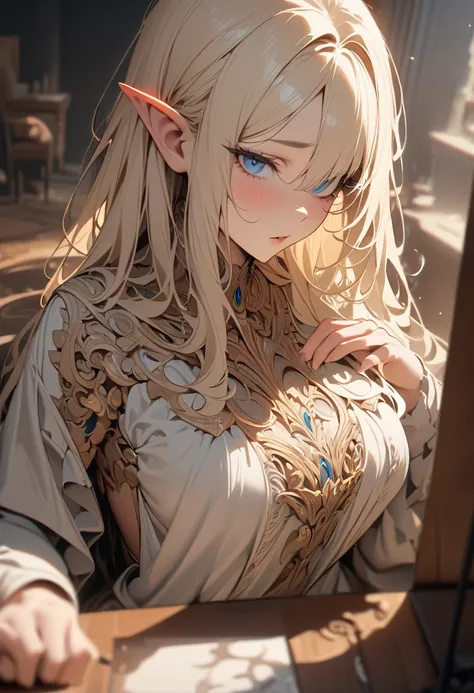 (masterpiece: 1.2, best quality), current, (current Picture, intricate details, depth of field), best quality, masterpiece, Very detailed, Semi current, 1 girl elf, adult, 2, blond, white long hair, The left eye is covered by hair, Blue eyes, king&#39;s cl...