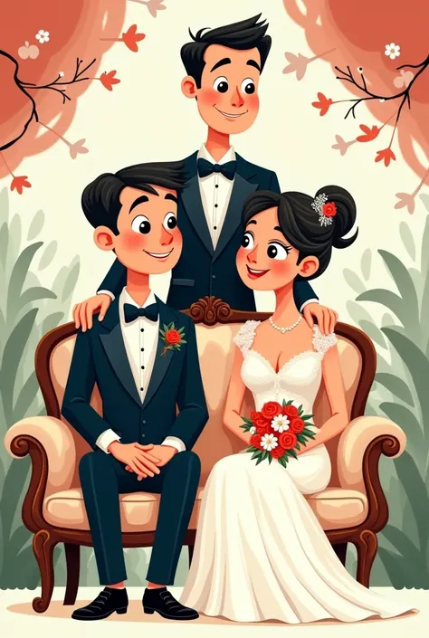 Cartoon image of a groom and his bride sitting on an elegant sofa behind the wedding couch. An elegant man wearing a suit is putting his hands on the groom&#39;s shoulder. The image is a vector drawn with colorful calligraphy art. Cartoon image