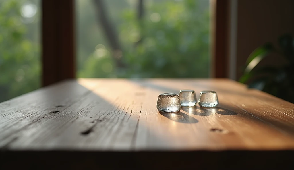 Horizon image of a wooden table, with some ice cubes, front vision