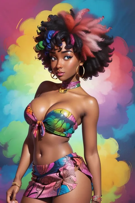 full body pose of african woman in colorful silk halter top strapless, tight mini skirt, curly afro, Digital illustration style, Digital Illustration Portrait, Trends in Artstration, in the art style of bowater, detailed portrait of anime girl, digital ani...