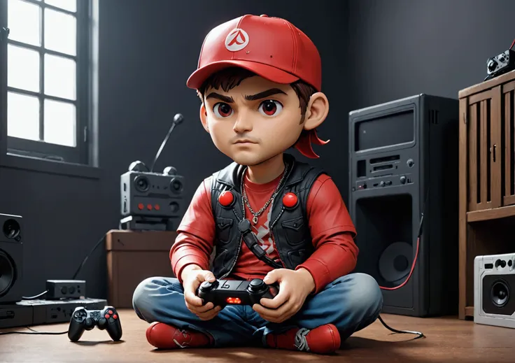 funko with a red cap sitting with a video game controller in his hand