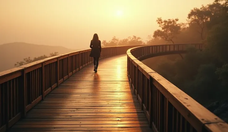 Realistic image of a curved wooden bridge, with a view below the horizon, Camera following a person&#39;s steps, with a light coming from the horizon from right to left, smooth light, Cinematic photo, photo taken from a Canon 5D Mark II,   