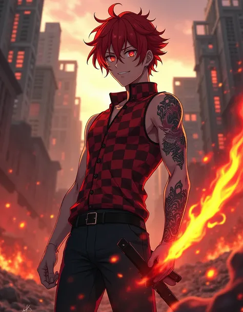 Tanjiro Kamado from the anime Demon Slayer in ultra-high definition 8K. He stands in a dynamic pose, focusing intently on his weapon. His bright red hair shines vividly, and his eyes glow with an intense red light. Intricate tattoos are visible on his skin...