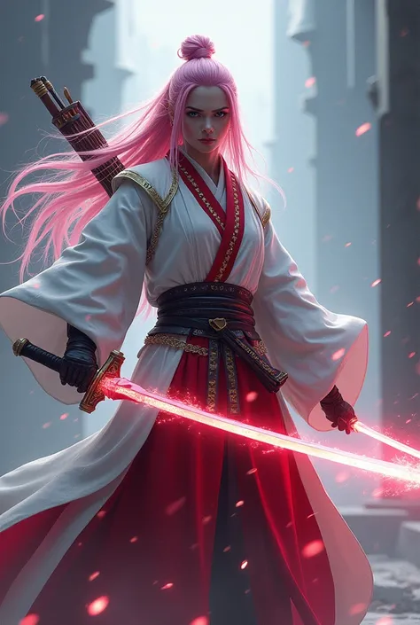 A samurai with long pink hair in a white and red outfit, holding a hilt of a samurai sword with a blade made of kinetic energy and a bow and arrow on his back.