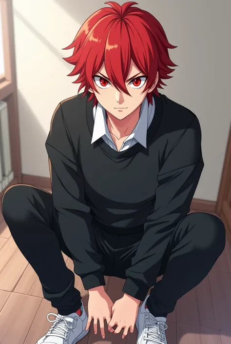 anime boy,serious, red eyes and red hair,With black sweatshirt, white shirt and white shoes,in a bedroom, kaitee&#39;s fundamental paper education drawing style