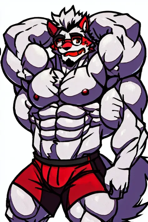 A Very Muscular Furry Gray Wolf. He is Topless with a red and black shorts. His both hand is Together behind his head. The background is solid Gray. He have a little messy and little spikey hair. He is looking at the viewer. His eye are red. He wears a bla...