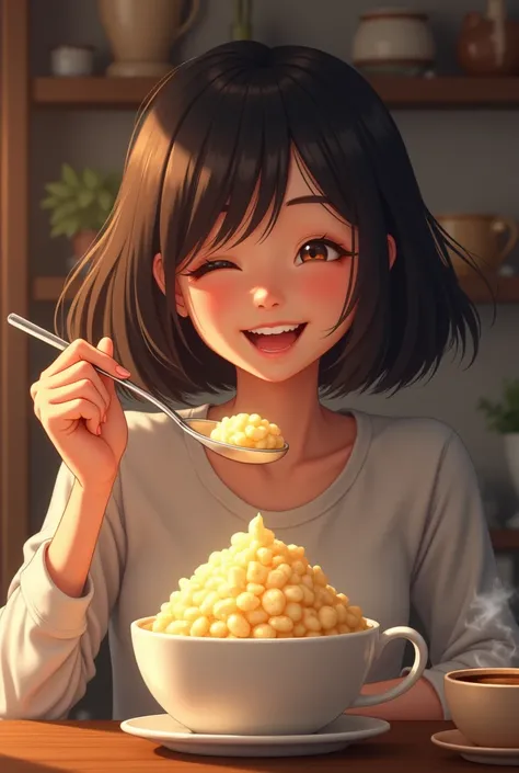 Generates an image of a person eating rice pudding, clearly showing that he is enjoying it. The person should have a happy expression on their face., perhaps smiling or closing his eyes in pleasure as he takes a spoonful of rice pudding. The atmosphere mus...