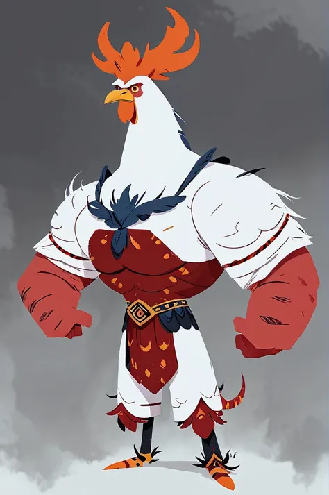 devil, feathered horns, feathered wings, feathered armor, rooster-like crest, talons, primarily white with red and orange