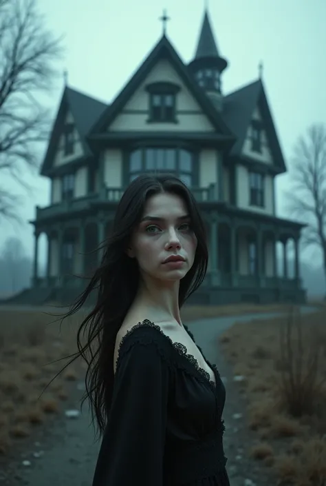 A beautiful girl standing outside a horror house 