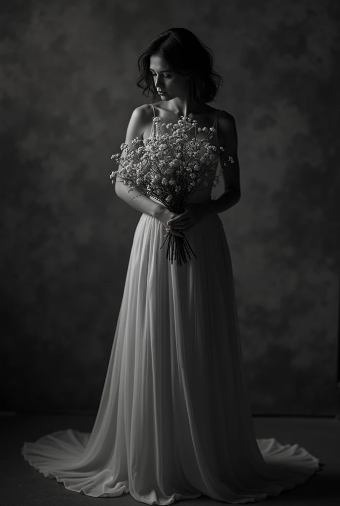 photo of a woman in a dress holding a bouquet, by Nell Dorr, romance lay, by Raoul Ubac, inspired by Lillian Bassman, by Shinji Aramaki, grainy black and white photo, female image in shadow, by Lillian Bassman, inspired by Nell Dorr, araki nobuyoshi